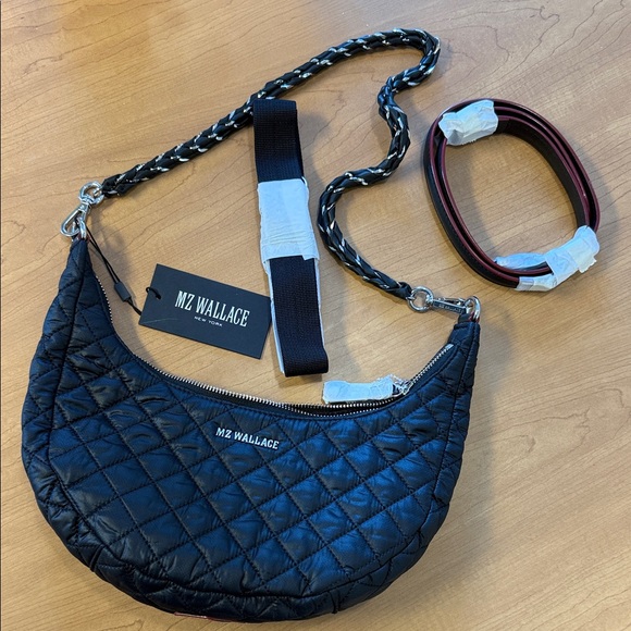 MZ Wallace Handbags - MZ WALLACE Crosby Luna Black Nylon Leather Crescent Moon Crossbody Sling Bag NWT